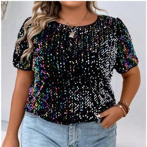 Shein Curve Rainbow Sequin Short Sleeve Shirt